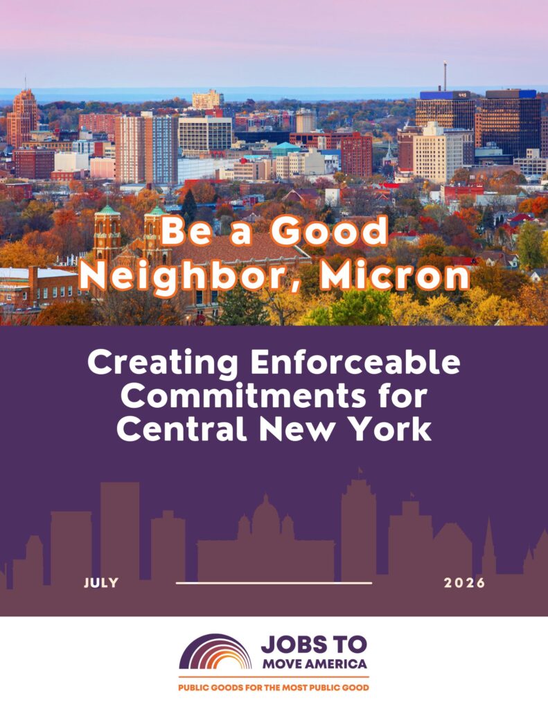 Be a Good Neighbor Micron Creating Enforceable Commitments for Central New York - Jobs to Move America City skyline with fall trees and bold white text reading 'Be a Good Neighbor, Micron' over the image, with a purple banner containing additional text below and logos at the bottom.