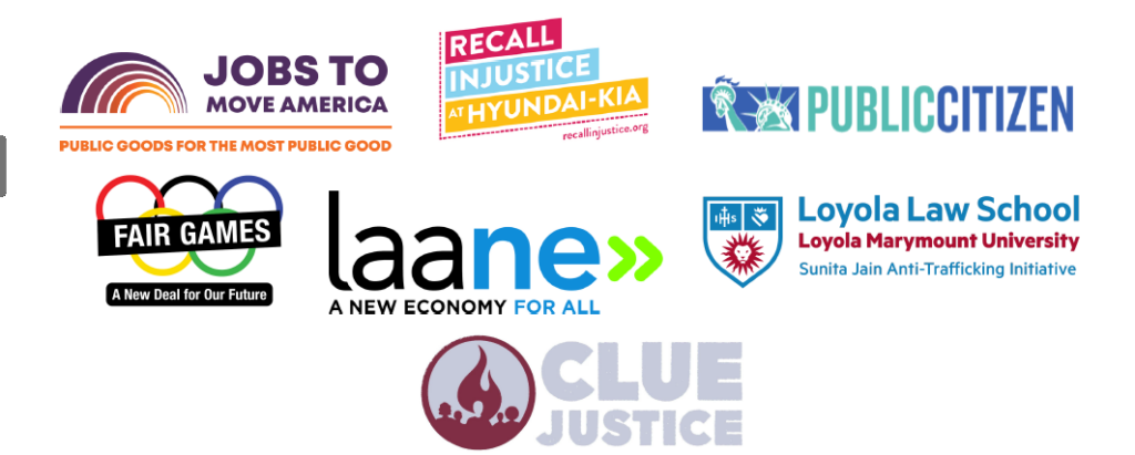 Screenshot 2026-07-09 141104 - Jobs to Move America Collage of advocacy logos: Jobs to Move America, Recall Injustice at Hyundai-Kia, Public Citizen, Fair Games, LAANE (A New Economy for All), Loyola Law School, and CLUE Justice.
